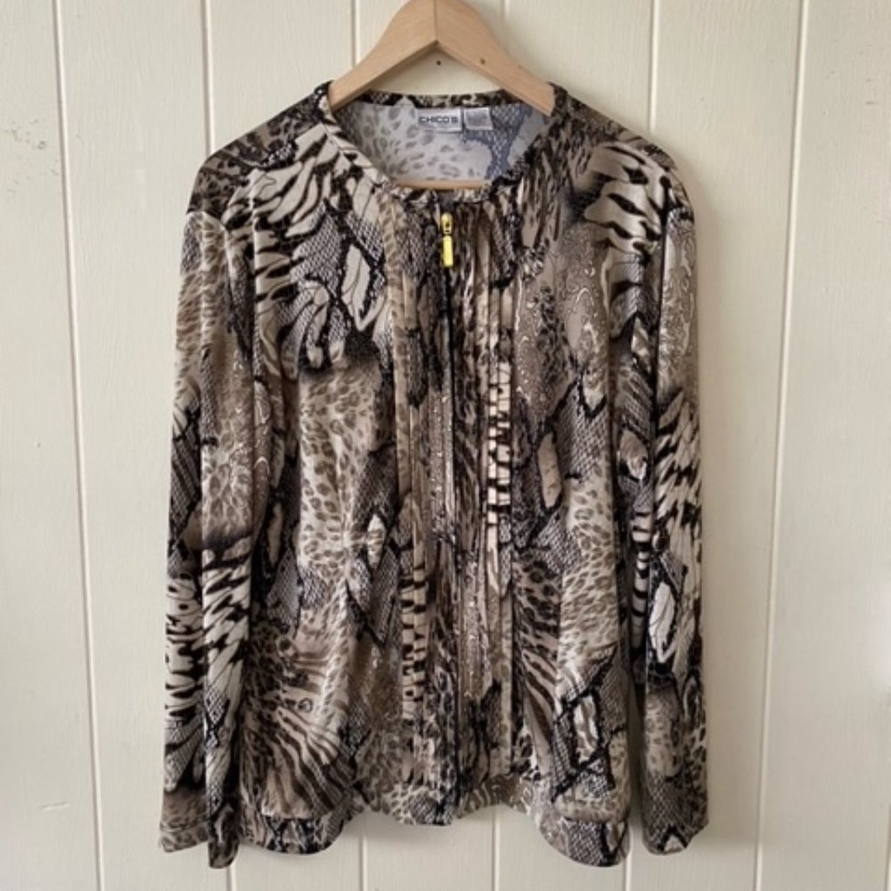 Chico's Animal Zip Front Blouse Size 2 (L/12)